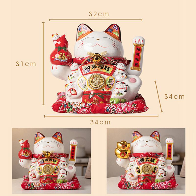 34cm Large Ceramic Maneki Neko Ornament Lucky Cat Statue Waving Arm Beckoning Fortune Cat Store Company Decoration Gift
