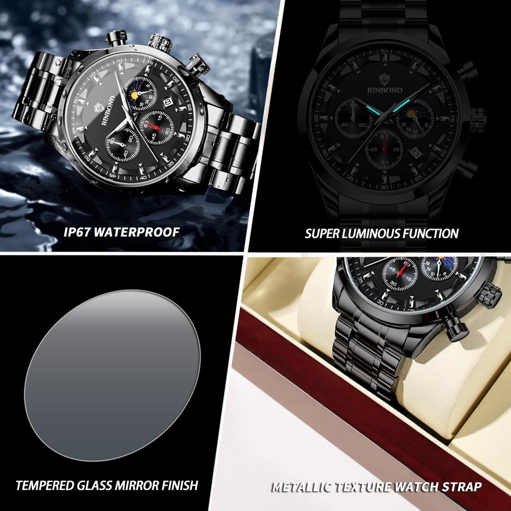BINBOND Waterproof Chronograph Men's Watch Fashion Reloj Luxury Sports Precise Quartz Wristwatch For Men Durable Luminous