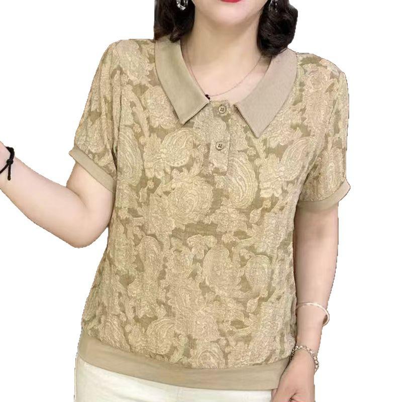 

Fashionable mother s wear lapel trendy brand loose thin jacquard short-sleeved women s style versatile T-shirt M абрикосовий
