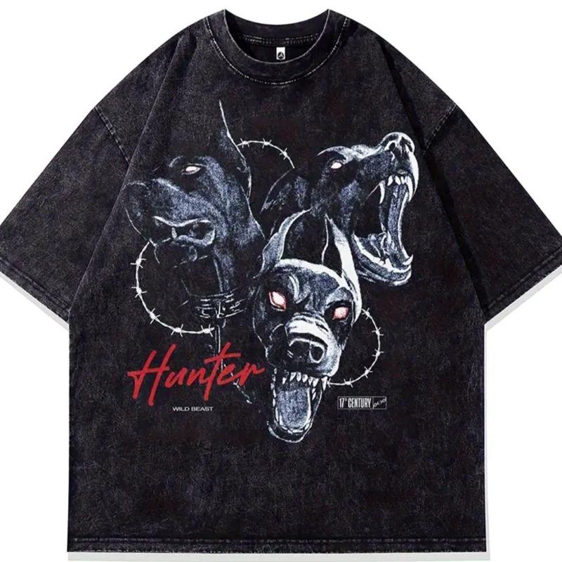 

American Fashion Hellhound Print Cotton Washed Short Sleeve T-Shirt Vintage Washed T-Shirt 5XL чорний