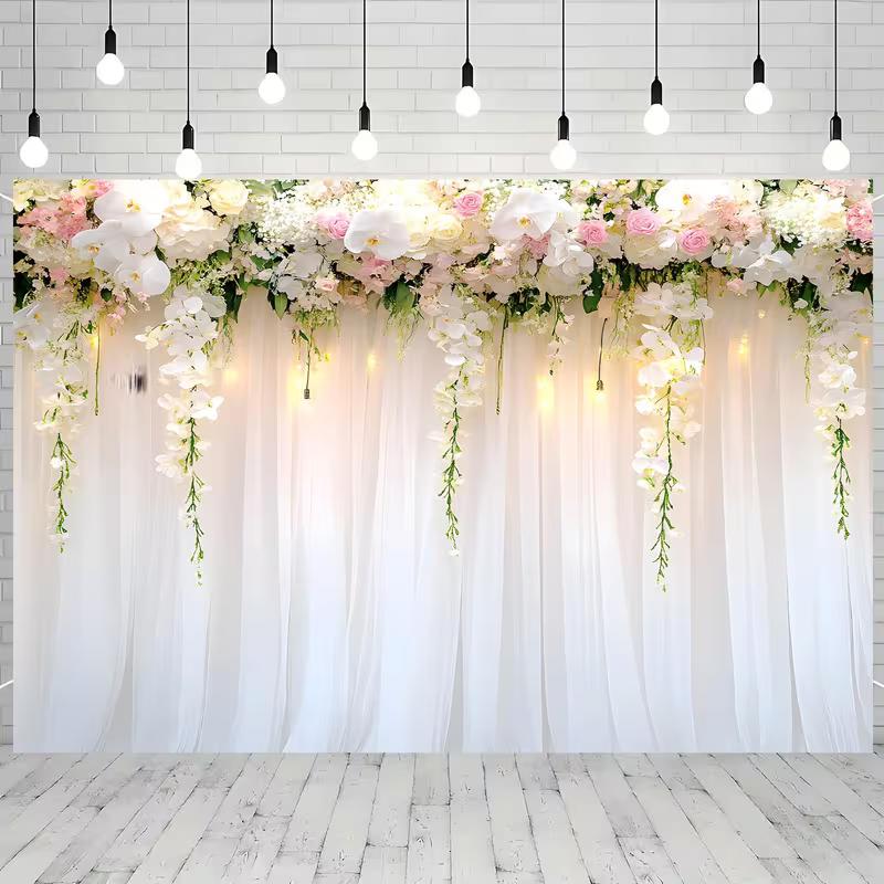 

2D Pink White Orchid Backdrop White Curtain Bridal Shower Photo Background 47.2x31.5inch/120*80cm