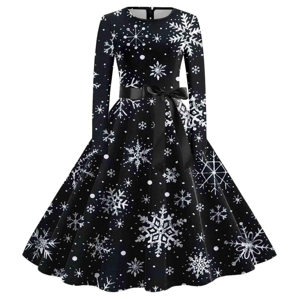 Kvinners avslappet mote langermet julegrafisk trykt vintage lange kjoler