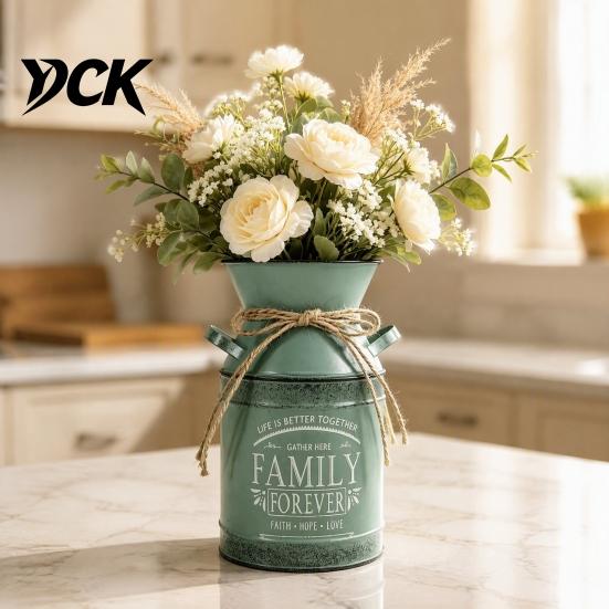 Stabile Schmiedeeisen-Handwerkskunst Vintage Metallmilchkannen-Vase, Bauernhaus-Blumenkübel mit Griffen & Jute Innenfenster-Ausstellungsdekor-Schleife, Shabby Dekorativ