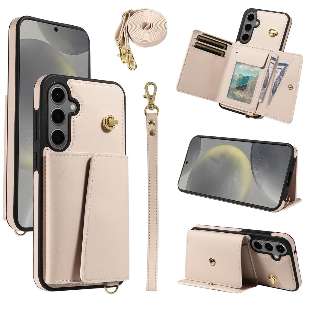 For Samsung Galaxy S24+ Crossbody Phone Case Card Holder Kickstand Leather Coated TPU Mobile Cover