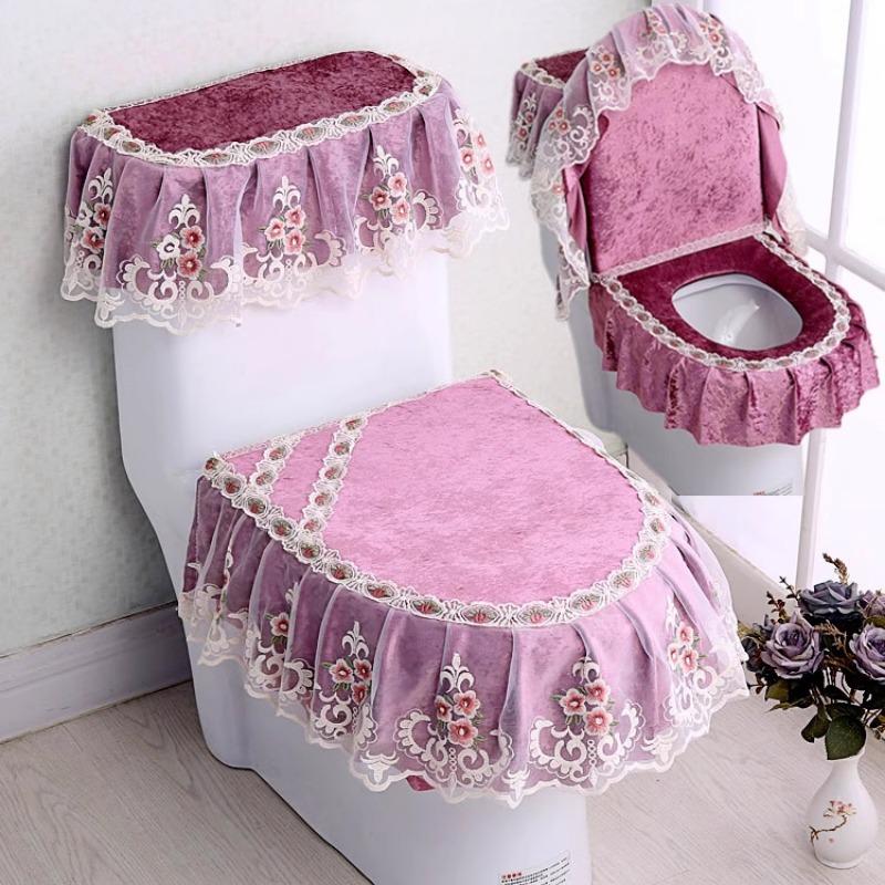 3pcs/Set Lace Embroidery Detachable Toilet Cover Cloth Dustproof Soft Toilet Seat Ring Cushion Home Decoration Toilet Cover