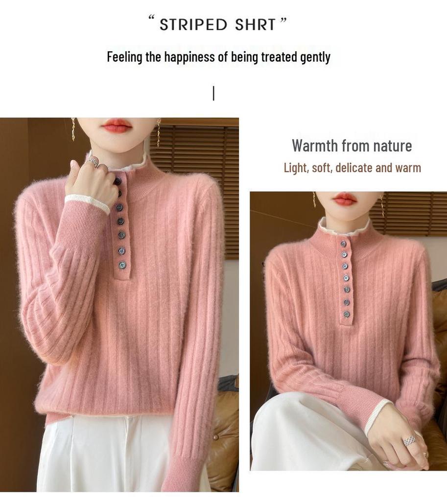 2025 Korean Style Double Stand Collar Wool Sweater - 100% Pure Wool Thickened Knitwear