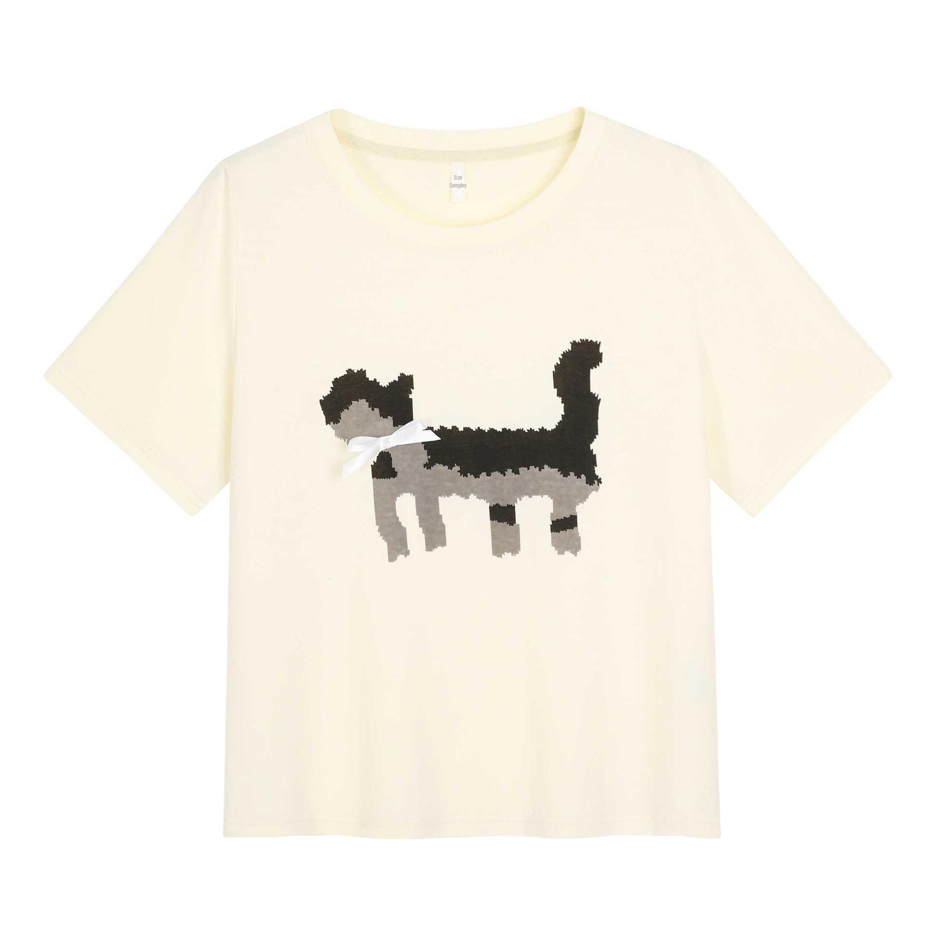 

Изысканная футболка свободного кроя с принтом котенка и бантом, с круглым вырезом, для женщин, размер плюс, летний топ с коротким рукавом 5XL (suitable for 200-220 jin)