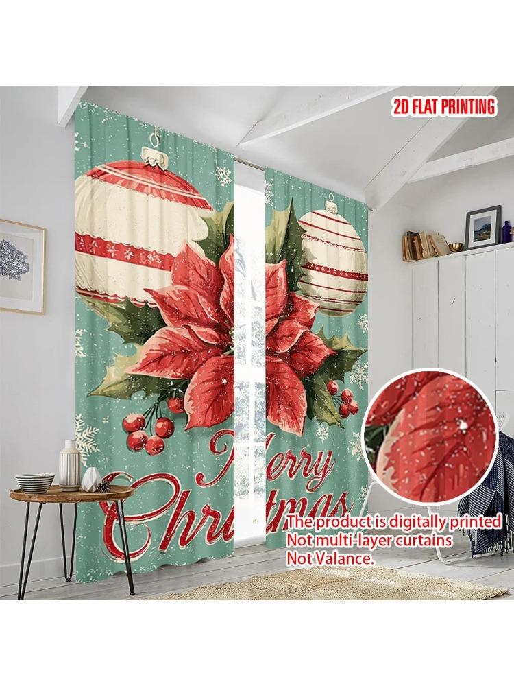 

Set Of 2 Plane Printing Curtains Poinsettia Snowflakes Polyester Woven Without Rod All Seasons Ldeal Living Room Made Window Treatment W100*H70(CM)-Hooks&1PCS