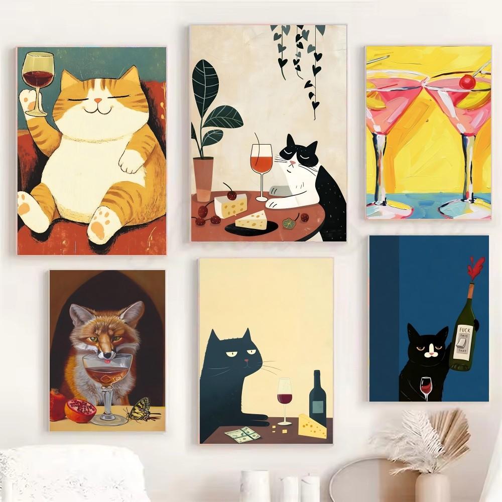 

1pc Modern Cat Drink Wine Funny Animal Plant Poster HD Posters Home Room Bar Cafe Decor Art Wall Painting Picture 21cm×30cm NoFrame