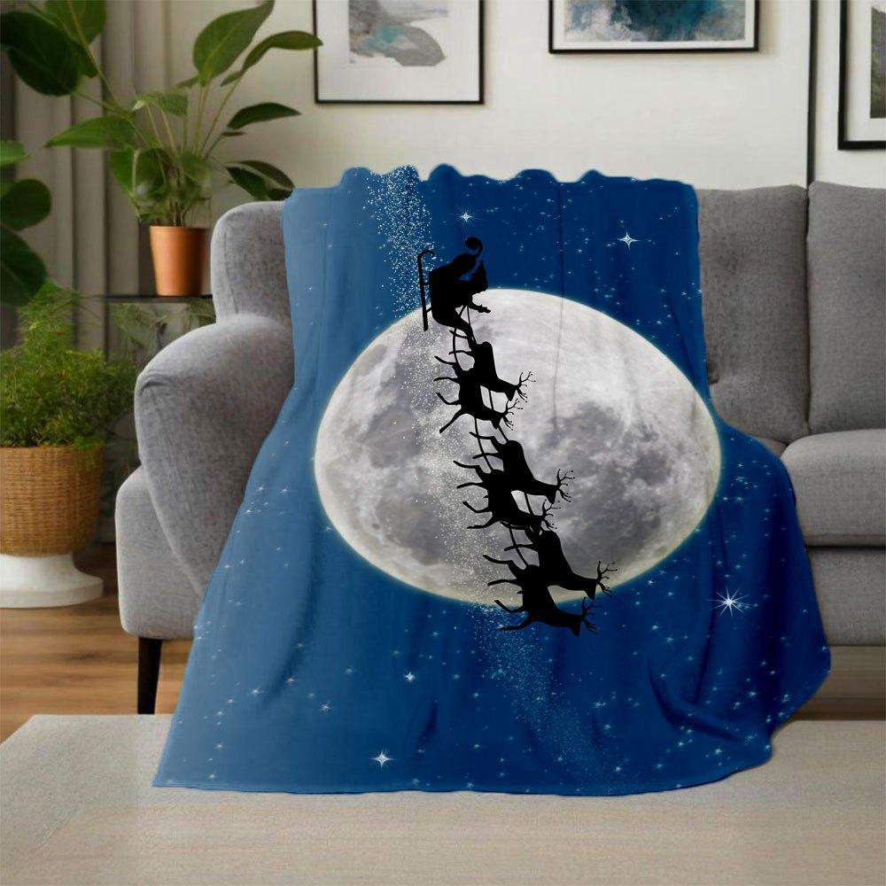 Weihnachtsmond Weihnachtsmann Schlitten Rentier Nachthimmel Poster DruckDecke Flanell Überwurfdecke für Sofa, Bett, Reisen, Camping, Büro, Couch