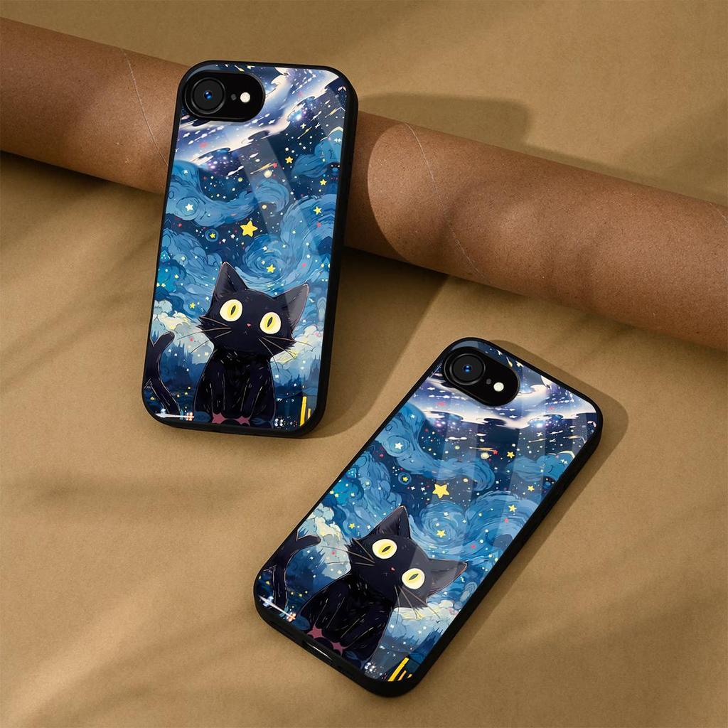 Case for iPhone 16e/17e Anime Black Cat Starry Cloud Print Phone Cover Acrylic Hard Back Shell With Flexible TPU Edge