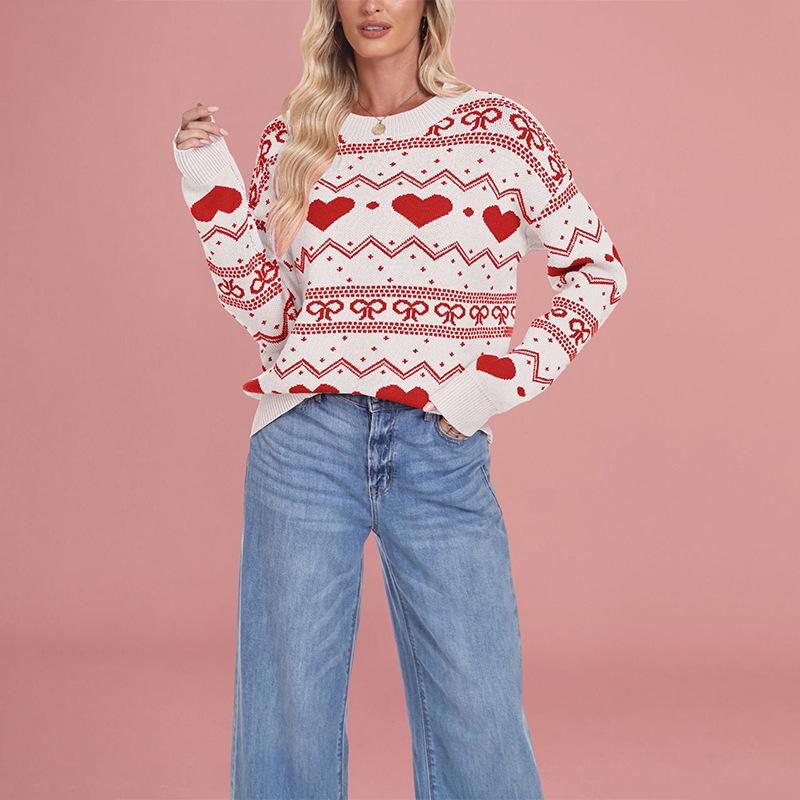 Winter New European and American Women's Love Sweater Pullover, Plus Size Christmas Casual Jacquard Knitwear