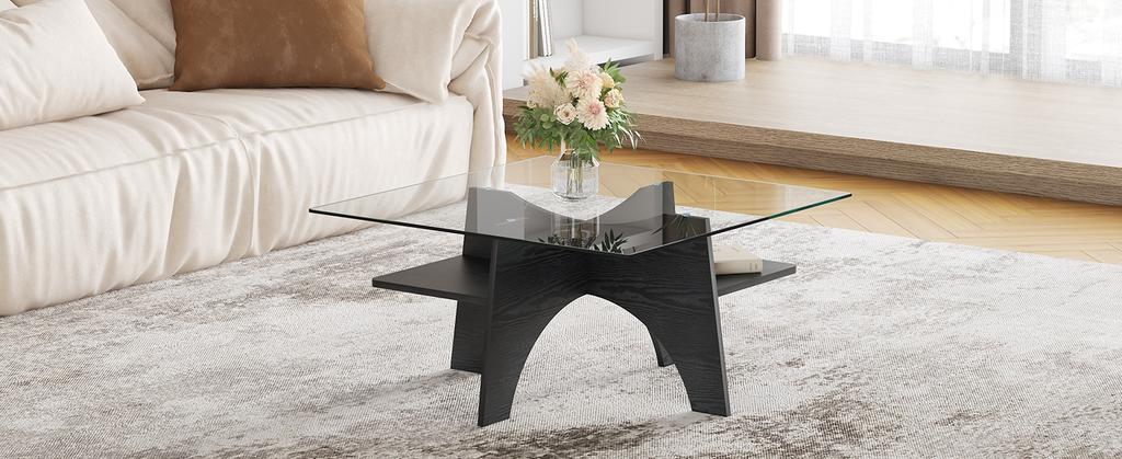 Modern Square Side Table Made of Safety Glass - 80 cm Side Length. Table Legs Made of MDF with Black Wood Look. Ideal for Dining Room, Office etc.