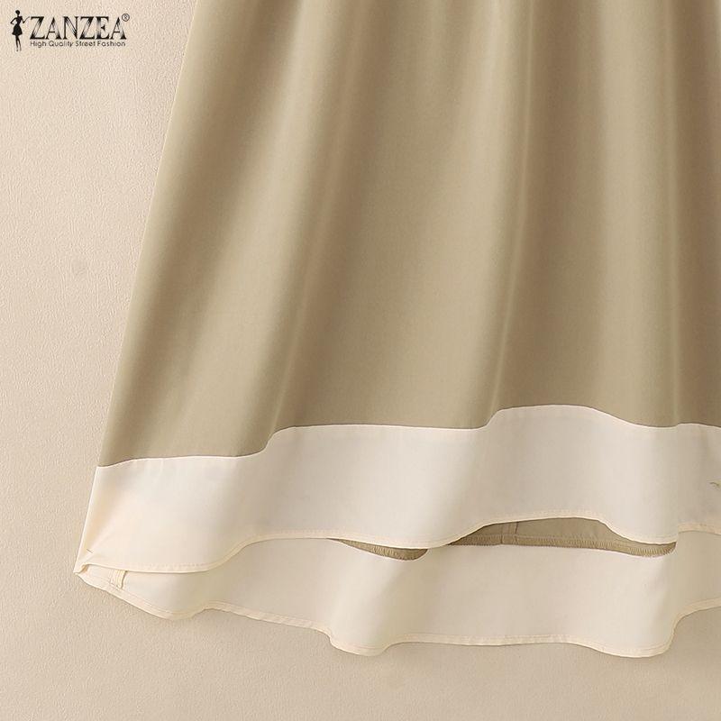 ZANZEA Women Casual Stand Collar Loose Long Sleeve Patchwork Long Dress