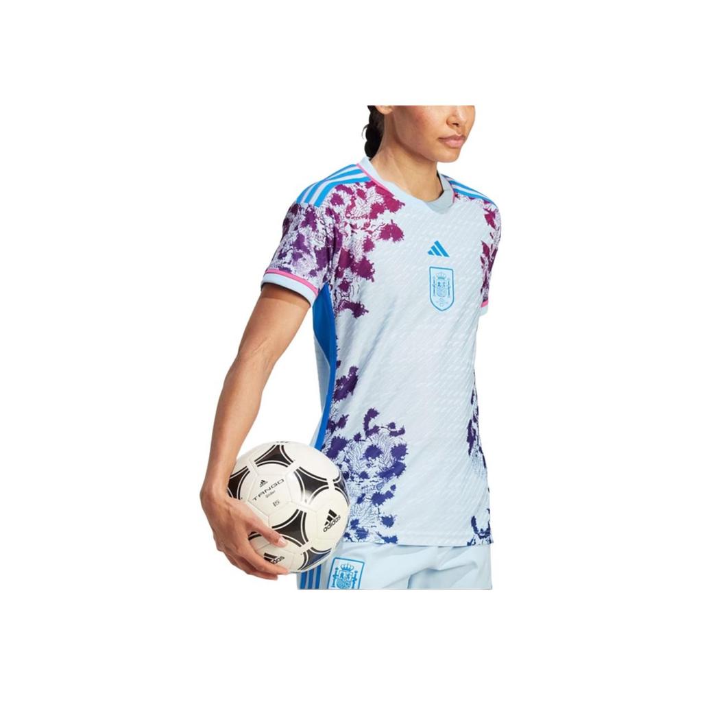 adidas Spain Away Color Block Striped Breathable Short Sleeve Football Shirt Women Tops Glowing-Blue HT4315