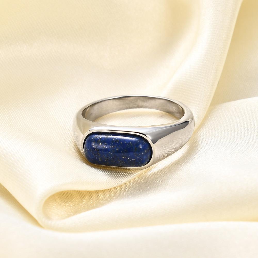 European and American 8MM Stainless Steel Ring with Inlaid Natural Stone - Versatile Retro Fashion Finger Ring