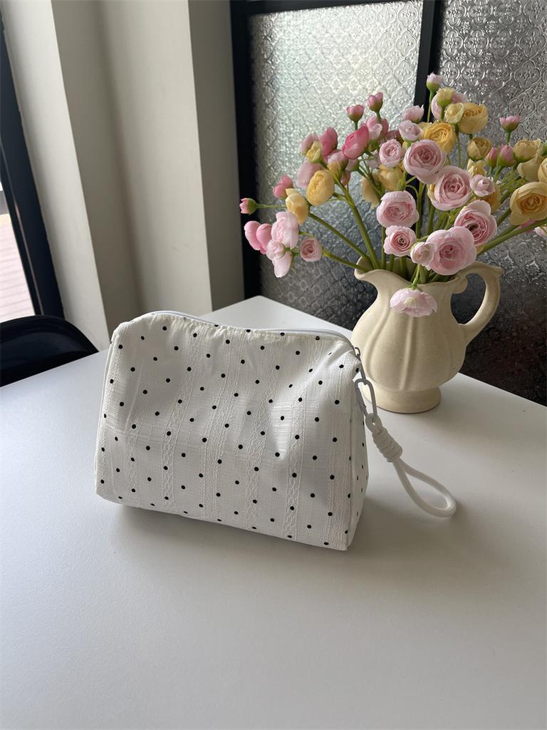 Lace Fabric Polka Dot Makeup Bag for Women Girl Female's Cosmetic Pouch for Fresh & Sweet Style Brush Toiletry Bag Case