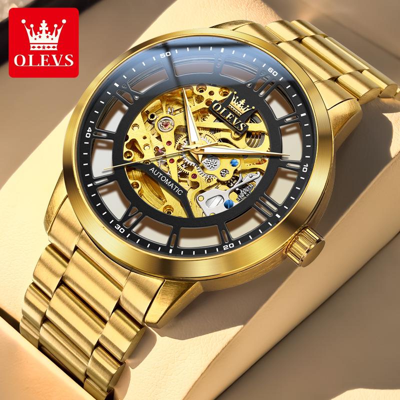 OLEVS Mens Watch Skeleton Automatic Mechanical Watch Stainless Steel Luminous Watches For Man Original Luxury Business Gifts