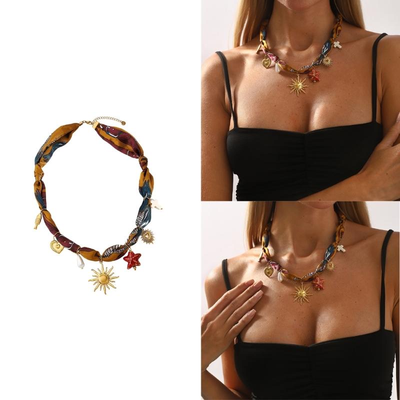 Trendy Multicolor Scarf Necklace Featuring Heart Star Sun Pendant Creative Stainless Steel Neckwear Accessory