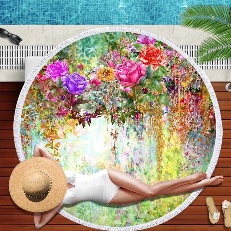 Large Round Colorful Flower Printed Beach Towel Diameter 3D Print Microfiber Blanket With Tassel Fringe Yoga Mat For Adult