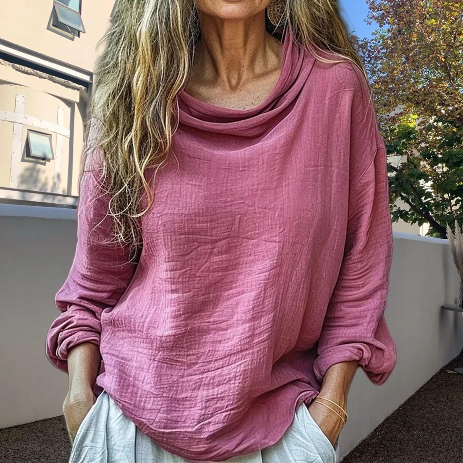 Women s Casual Loose Fashion Long Sleeved Color Pile Pile Collar Fold Top XL