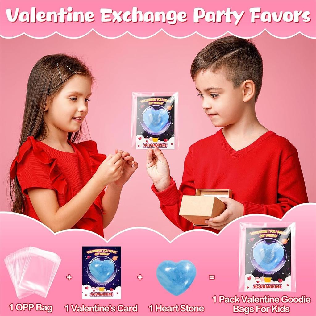 Valentines Day Gifts For Kids Classroom: 28 Pack Valentines Cards Goodie Bags With Heart Stones Valentine Exchange Gifts Gemstone Crystal Rocks