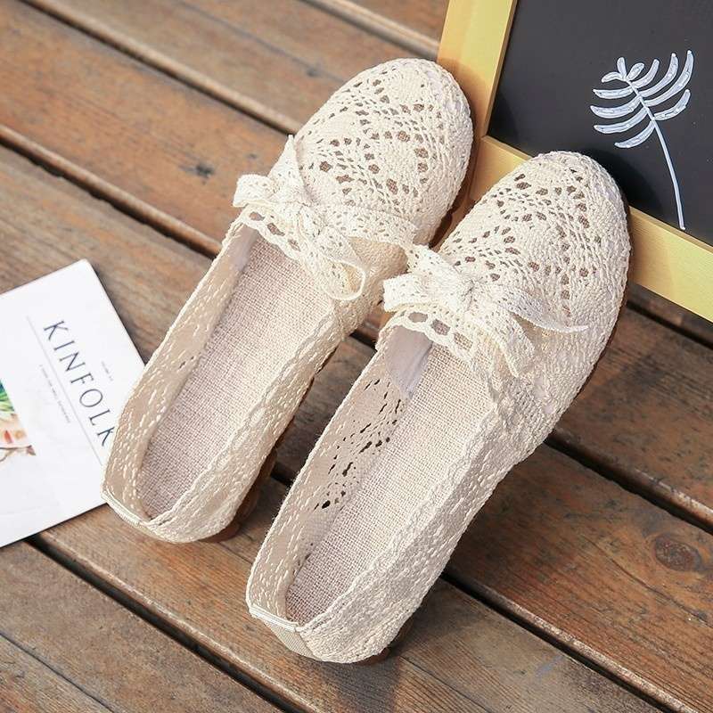 Summer bow cloth shoes women's breathable lace hollow soft-soled shoes flat-soled beanie shoes maternity shoes evening gentle shoes