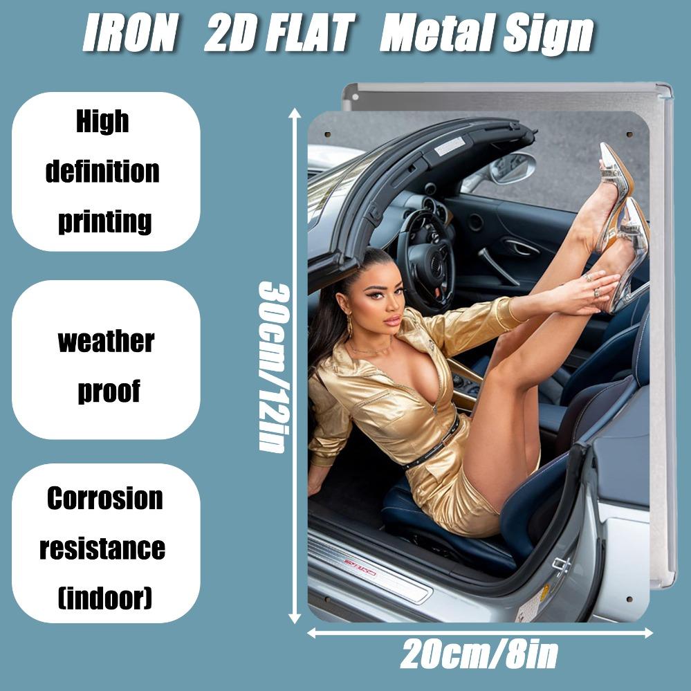 JIT Retro Iron Metal Sign 8in*12in Golden Dress Lady Car Model Logo - Man Cave Workshop Pub Wall Decorations