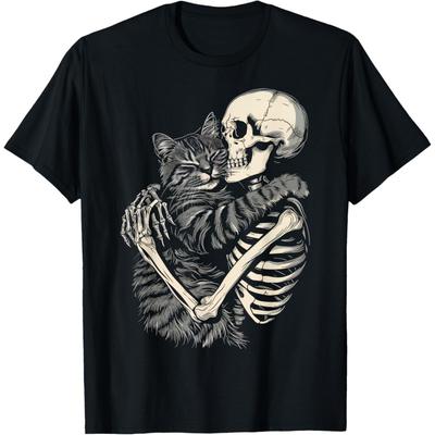 Skeleton Hugging Cat Halloween Cat Lover Cat Mom Dad T-Shirt(1)