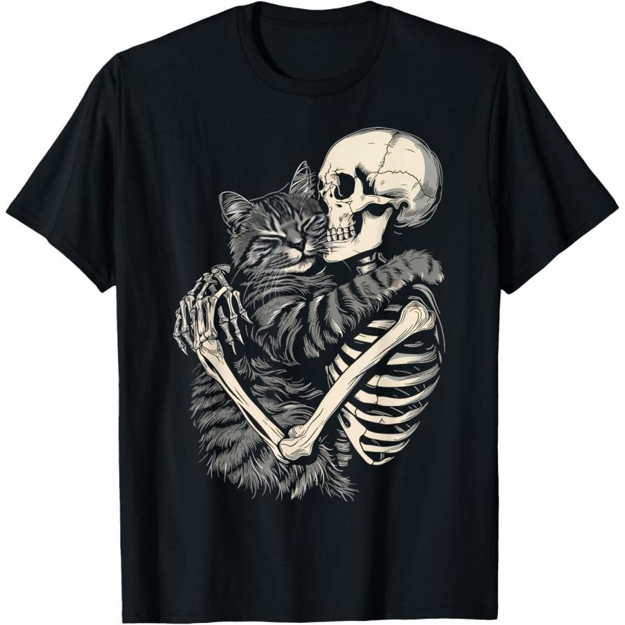 Скелет Обнимает Кота Хэллоуин Любитель Кошек Мама Папа Кота Футболка(1) S чёрный