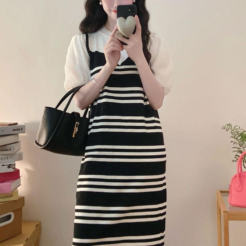 Summer New Fashionable Western Style Fake Two Piece Korean Knitted Short Sleeved Dress with Stripes