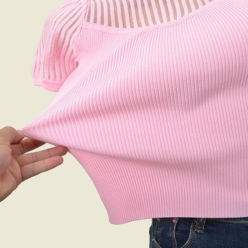 Perspective Texture Bubble Sleeve Pullover Tops Summer Short Sleeve Silm Stretch Knitting T-shirt