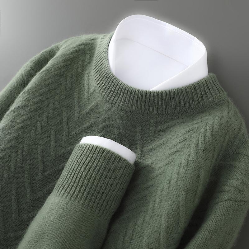

Men s Wool Basketweave Jacquard Sweater - Autumn/Winter Round Neck Thick Casual Knit L