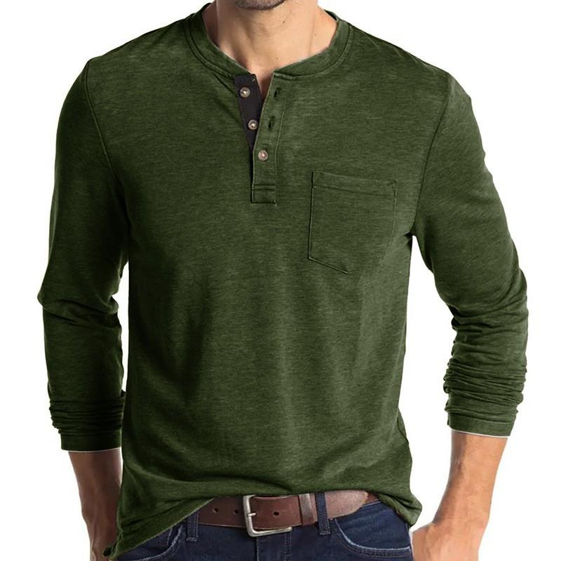 

Autumn Winter Men Long Sleeved Round Neck Solid Color Pocket Shirt Buttons Neck Pullover Top For XXXL зелений