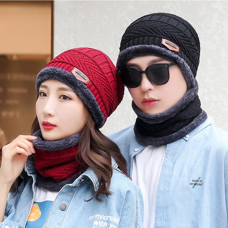 Unisex Hat Winter Youth Warm Thick Knitted Wool Hat Plus Velvet Autumn and Winter Cotton Hat Cold-proof Neck Scarf Ear Protection Hat