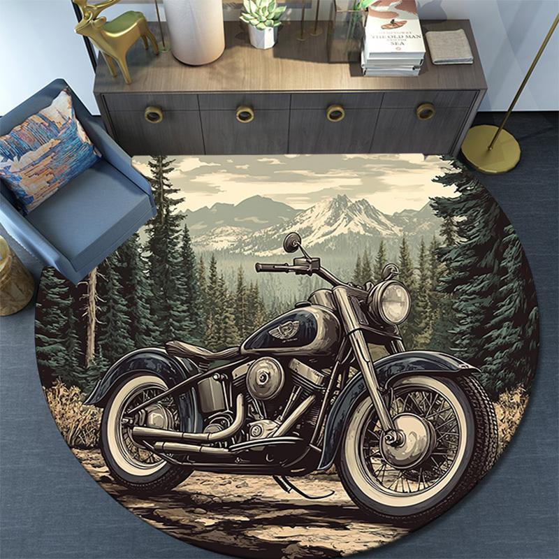 Vintage Motorcycle Round Area Rug,Carpet Rug for Living Room Bedroom Sofa Playroom Decor,Non-slip Floor Mat