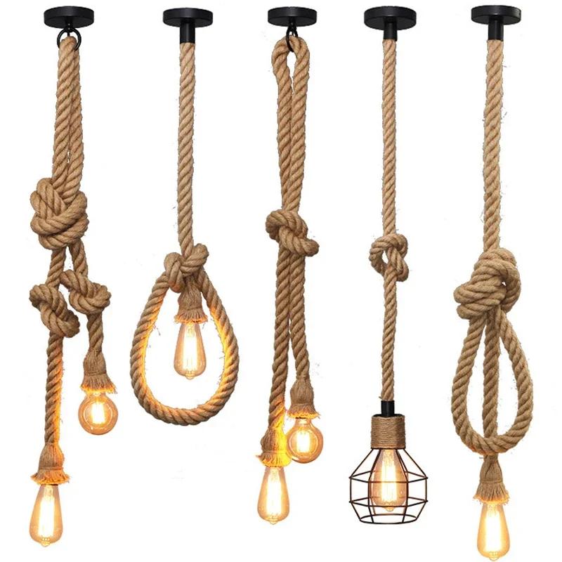 Vintage Pendant Lamp Hemp Rope Retro Double Heads Industrial Light Hanging Edison Chandeliers for Kitchen Decor Accessories