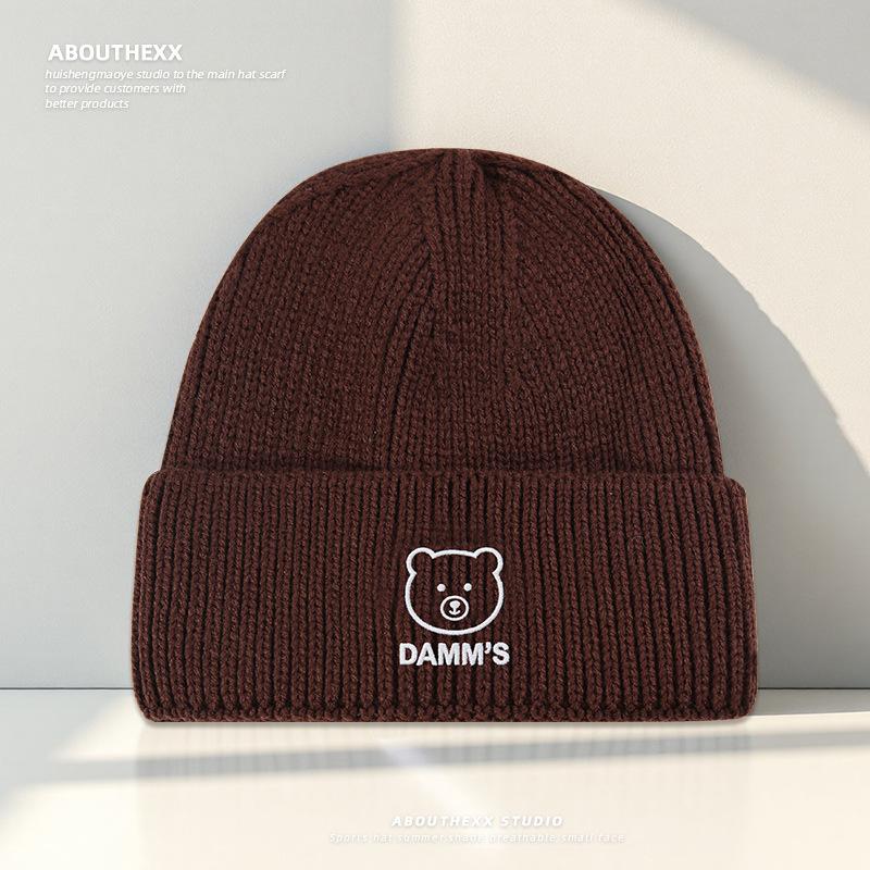 

Autumn and Winter Warm Woolen Hat for Women Cute Letter Bear Embroidered Knitted Hat Student Couple Pullover Cold Hat M（56-60cm）