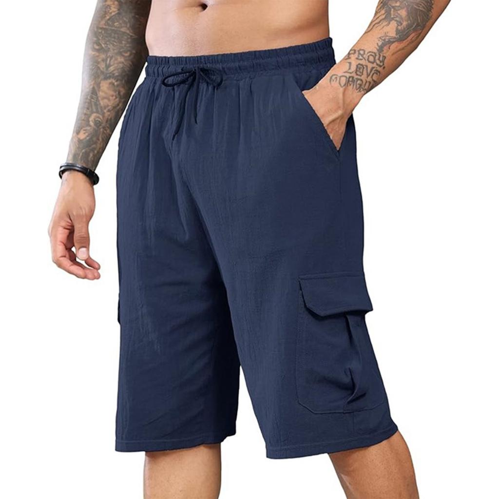 Men's Linen Short Pants With Multiple Pockets And Drawstring Waistband - Beach Work Pants