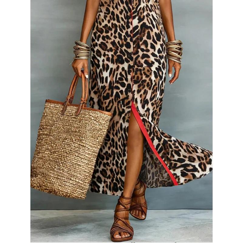 Summer Women Leopard Graphic Print Dress Fashion Elegant Casual Lapel Button Sleeveless Tank Long Dresses Ladies Slim Maxi Dress