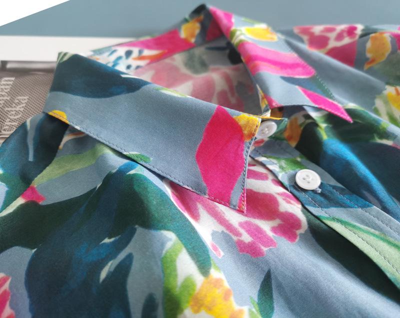Clearance Women's French Art Print Silk-Cotton Button-Down Long Sleeve Shirt - Medium