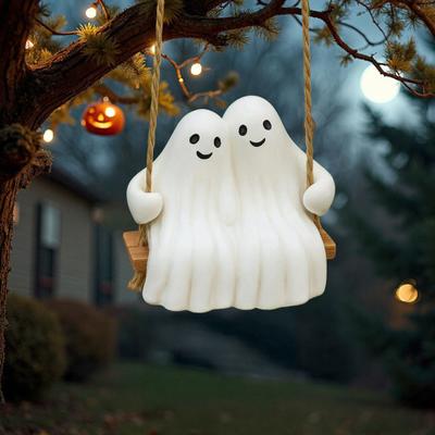 Halloween Couple Ghost Swing Statue Resin White Ghost Swinging Figurine Cute Ghost Sculpture for Garden Patio Yard Decor