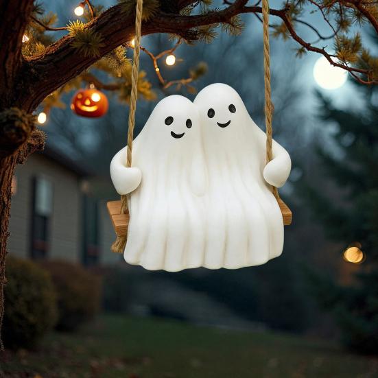 Halloween Couple Ghost Swing Statue Resin White Ghost Swinging Figurine Cute Ghost Sculpture for Garden Patio Yard Decor