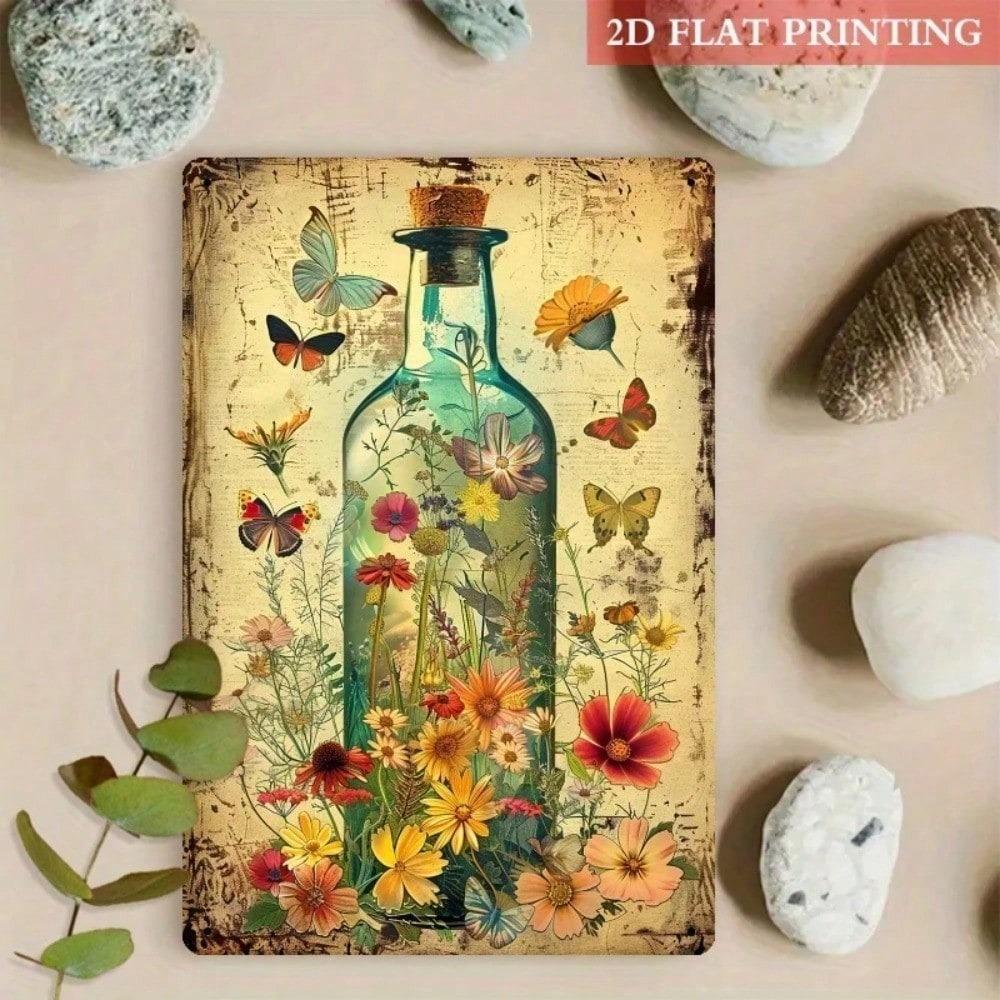 Vintage Metal Poster Butterfly Flowers Wall Art 8x12 Inch