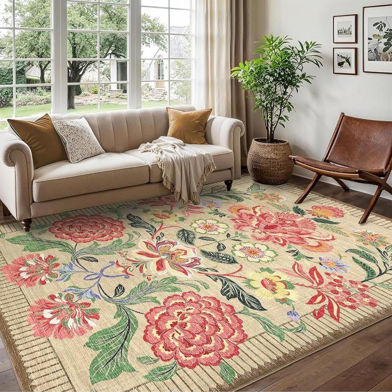 Vintage Persian Bohemian Flower Rug, Ombre Blossom Carpet with Striped Borders Traditional Floor Mat for Classic Interior Design