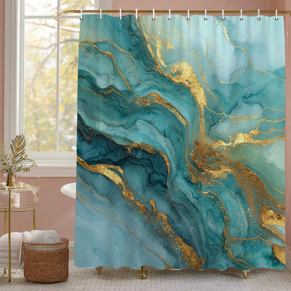 Blue Marbled Flow Art Shower Curtain, Bathroom Decorative Shower Curtain, Waterproof Shower Curtain with Hooks