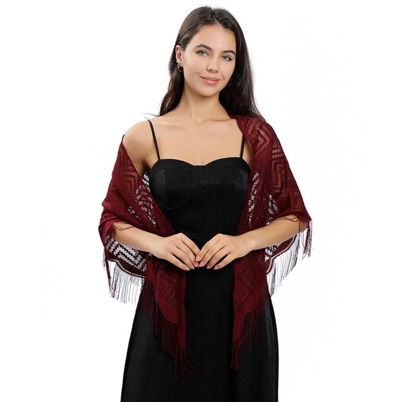 Women's Triangle Lace Shawl with Tassels Waved Shoulder Wrap Shawl Scarf for Bridal Gowns and Evening Parties