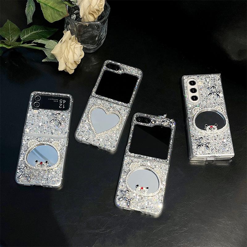 Rhinestone Love Bear Mirror Mobile Phone Case For Samsung Zflip6 Clamshell Folding Screen Zfold5 Sequin Female