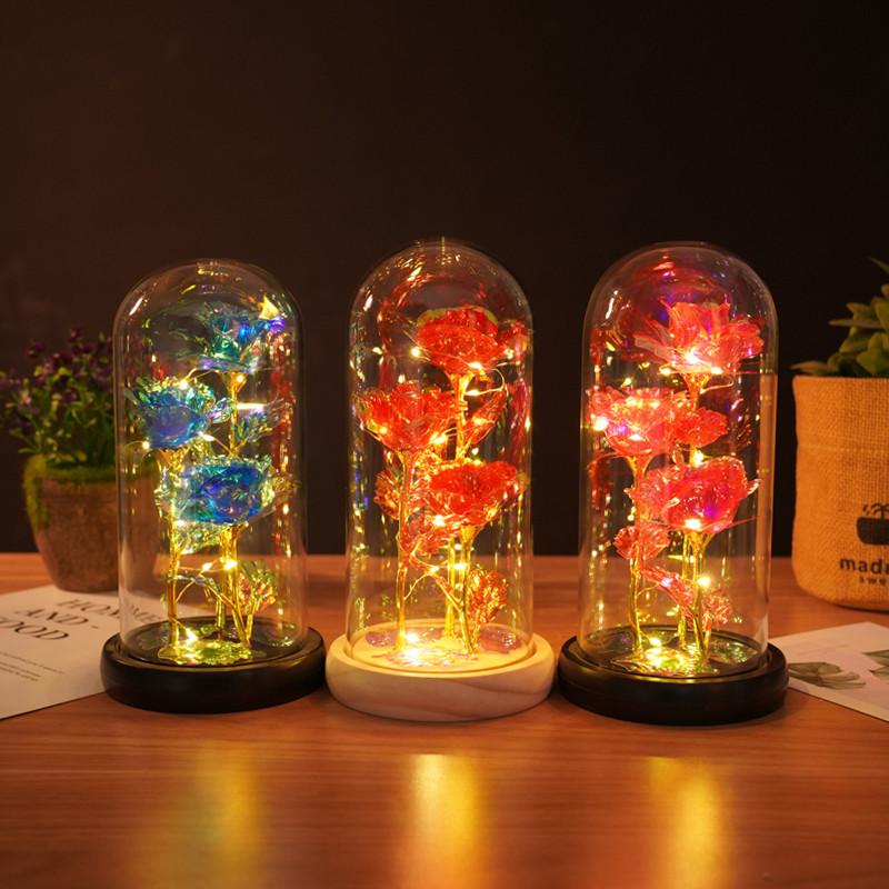 Three Gold Rose Glass Cover Ornament, Creative Valentine's Day Gift, Luminous LED Night Light