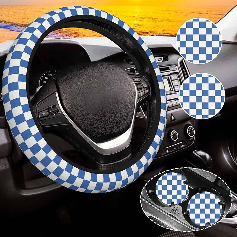 Khaki Checkered Steering Wheel Cover For Women,Universal Auto Steering Wheel 14-15 Inch Car Interior Accessories With 2PCS Car Coasters,Suitable For
